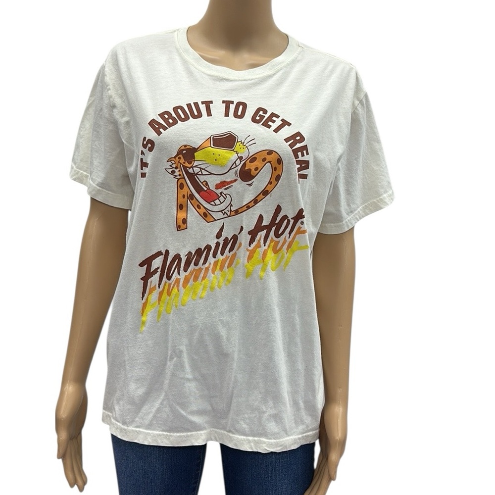 Cheetos Its About To Get Real Flamin Hot Graphic Tee Shirt Cream Womens Large